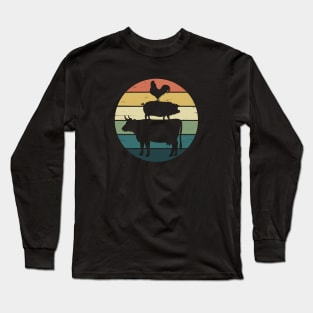 Retro Rainbow Stacked Farm Animals Cow Pig Rooster Long Sleeve T-Shirt